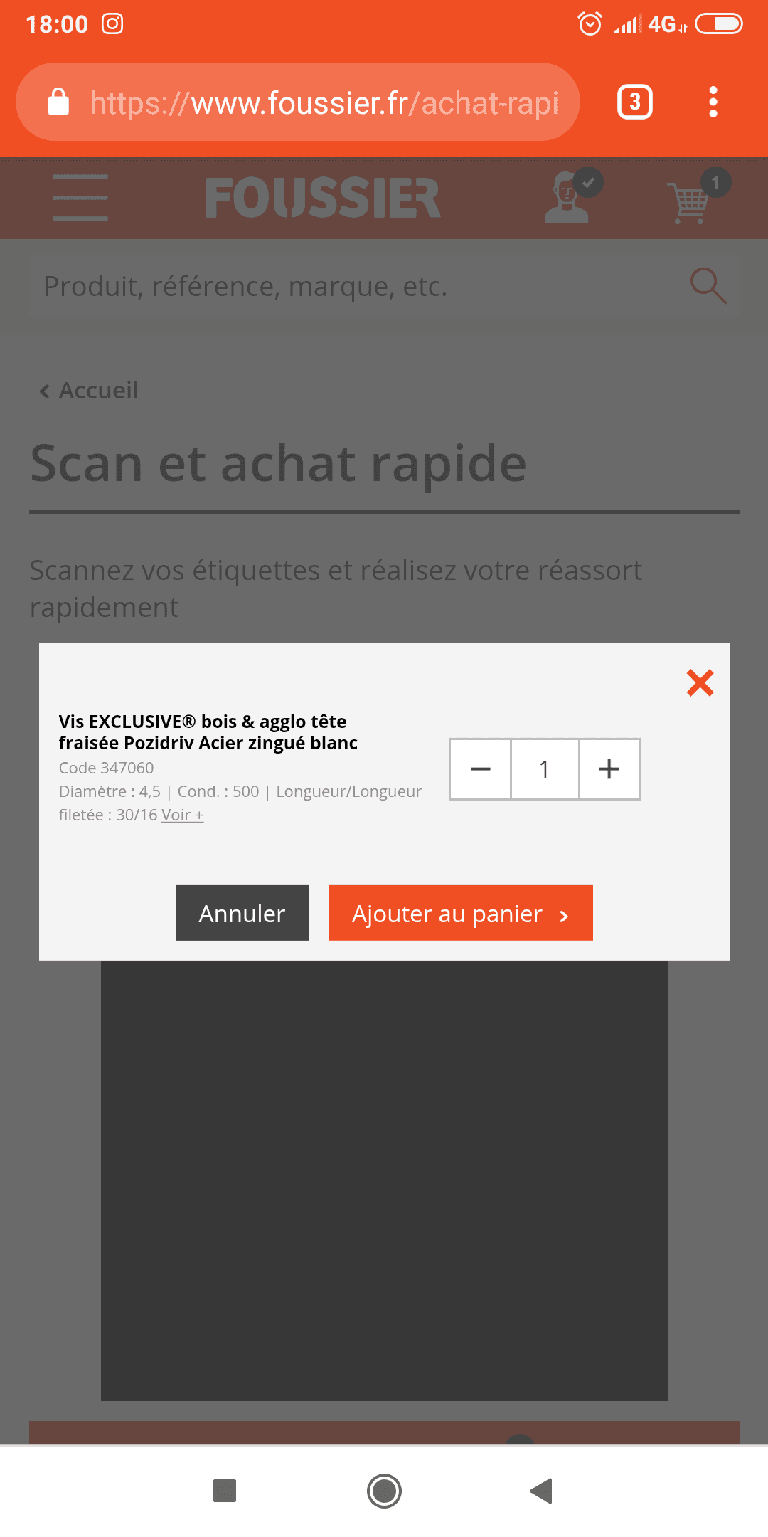 Fenêtre ajout panier